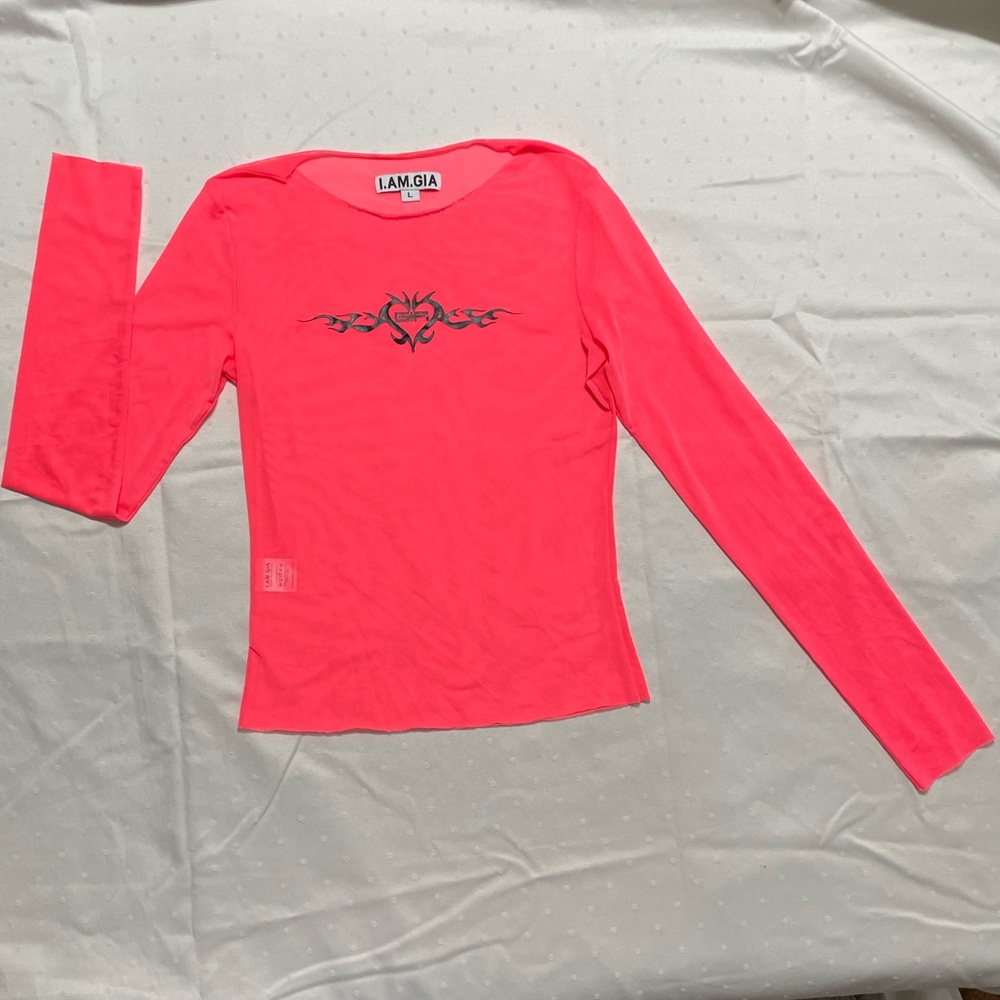 I.AM.GIA Neon Pink Mesh Long Sleeve Top